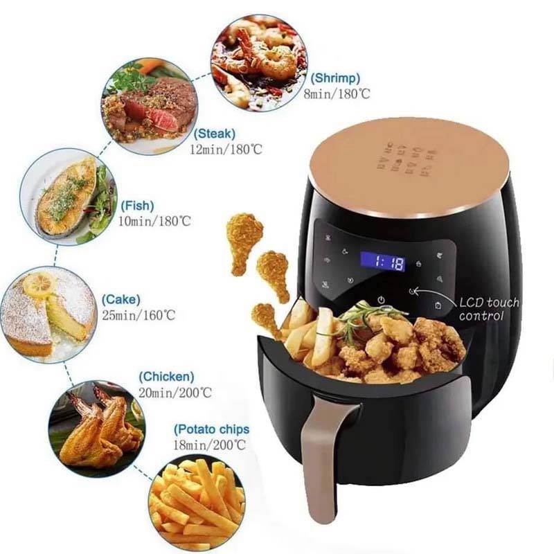 friteuse sans huile RASMA  Puissance : 2400 W Capacité : 6 litres Contrôle : Écran tactile LCD Technologie : Utilise la technologie Rapid Air pour une cuisson saine avec peu ou pas d'huile