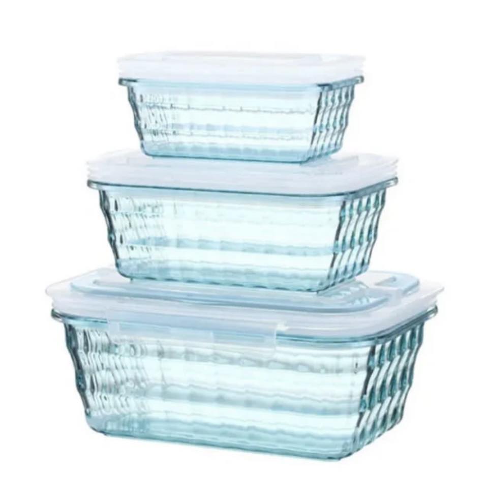 Lot de 3 Boîtes Alimentaires YL351 Ce lot de 6 pièces en plastique dur comprend 3 boîtes (500 ml, 1000 ml, 2000 ml) avec couvercles hermétiques et poignées pour un transport facile.