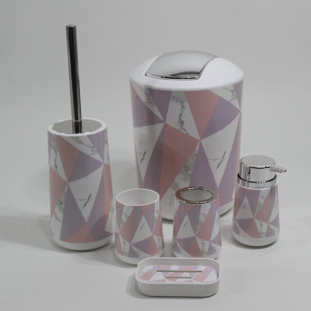 Ensemble d'accessoires salle de bain en plastique parfait pour une salle de bain Chic et moderne.  Composition : - Porte Savon - Distributeur Savon liquide - Porte Brosse à Dents - Porte Accessoires - Poubelle de Salle de Bain - Porte Balai WC